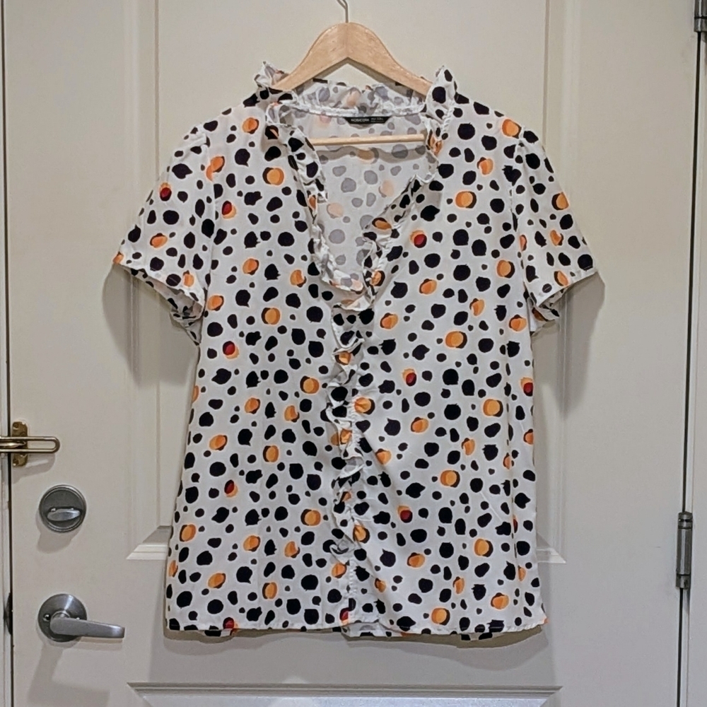 EUC NoraCora 3XL Abstract Polka Dot Ruffle Collar Puff Sleeve Blouse